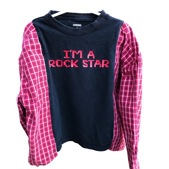 Upcycled Boy’s Plaid Tee: Rock Star Graphic T-Shirt w/Long Sleeves, Size 6-10 - Picture 1 of 8